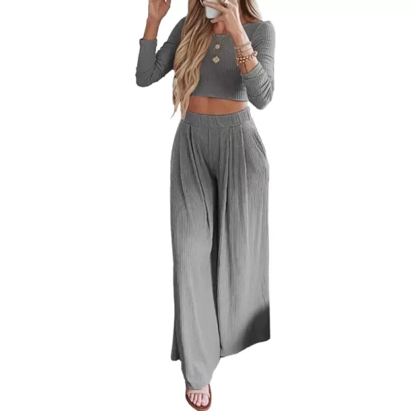 BTFBM Womens Two Piece Lounge Set Long Sleeve Bodycon Ribbed Knit Crop Top Loose Wide Leg Pant Casual Outfits SweatsuitSolid Grey