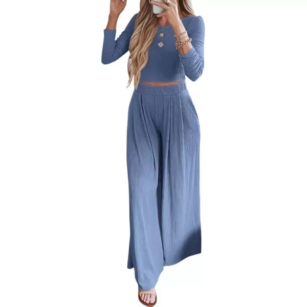 BTFBM Womens Two Piece Lounge Set Long Sleeve Bodycon Ribbed Knit Crop Top Loose Wide Leg Pant Casual Outfits SweatsuitSolid Grey Blue