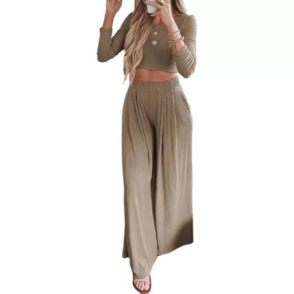 BTFBM Womens Two Piece Lounge Set Long Sleeve Bodycon Ribbed Knit Crop Top Loose Wide Leg Pant Casual Outfits SweatsuitSolid Khaki