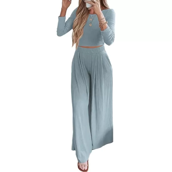BTFBM Womens Two Piece Lounge Set Long Sleeve Bodycon Ribbed Knit Crop Top Loose Wide Leg Pant Casual Outfits SweatsuitSolid Light Blue