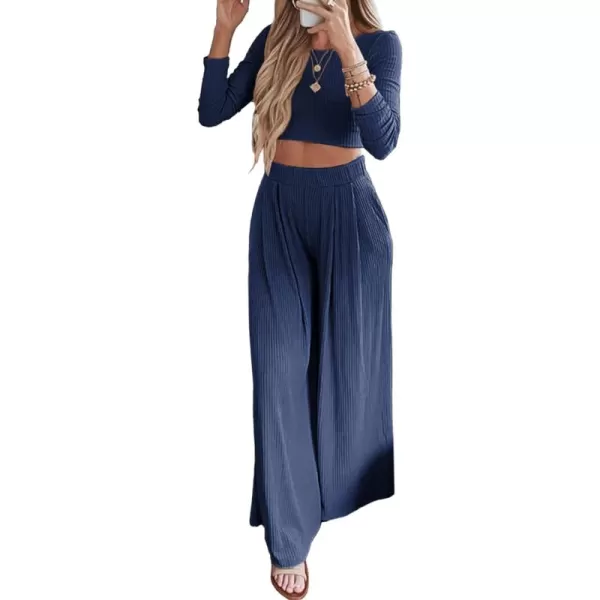 BTFBM Womens Two Piece Lounge Set Long Sleeve Bodycon Ribbed Knit Crop Top Loose Wide Leg Pant Casual Outfits SweatsuitSolid Navy
