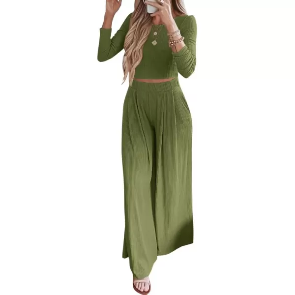 BTFBM Womens Two Piece Lounge Set Long Sleeve Bodycon Ribbed Knit Crop Top Loose Wide Leg Pant Casual Outfits SweatsuitSolid Olive Green