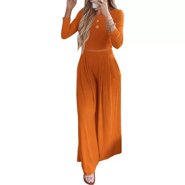 BTFBM Womens Two Piece Lounge Set Long Sleeve Bodycon Ribbed Knit Crop Top Loose Wide Leg Pant Casual Outfits SweatsuitSolid Orange