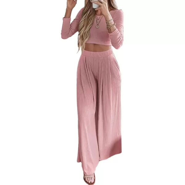 BTFBM Womens Two Piece Lounge Set Long Sleeve Bodycon Ribbed Knit Crop Top Loose Wide Leg Pant Casual Outfits SweatsuitSolid Pink