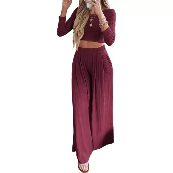 BTFBM Womens Two Piece Lounge Set Long Sleeve Bodycon Ribbed Knit Crop Top Loose Wide Leg Pant Casual Outfits SweatsuitSolid Wine Red