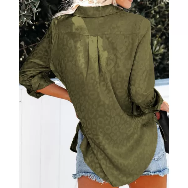 BTFBM Button Down Satin Blouses for Women Dressy Casual Lapel V Neck Long Sleeve Shirts Loose Business Work Tops 2024Leopard Army Green