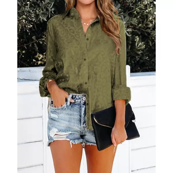 BTFBM Button Down Satin Blouses for Women Dressy Casual Lapel V Neck Long Sleeve Shirts Loose Business Work Tops 2024Leopard Army Green