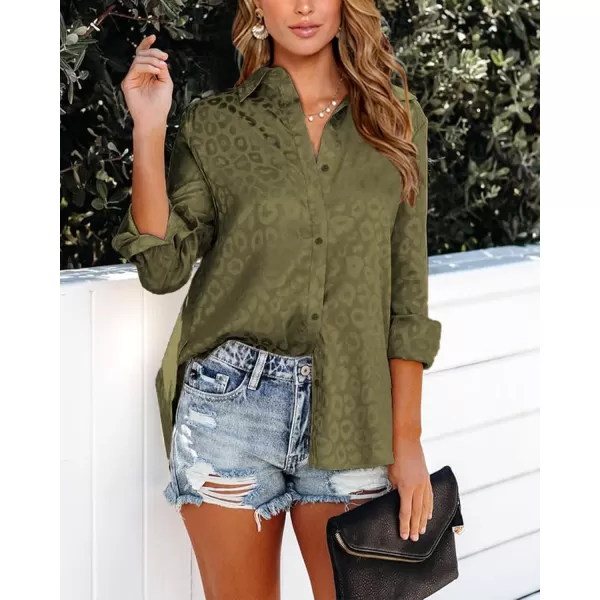 BTFBM Button Down Satin Blouses for Women Dressy Casual Lapel V Neck Long Sleeve Shirts Loose Business Work Tops 2024Leopard Army Green
