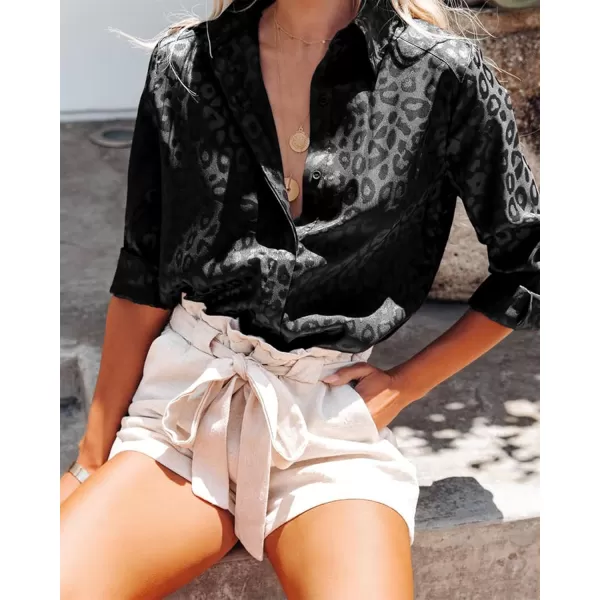 BTFBM Button Down Satin Blouses for Women Dressy Casual Lapel V Neck Long Sleeve Shirts Loose Business Work Tops 2024Leopard Black