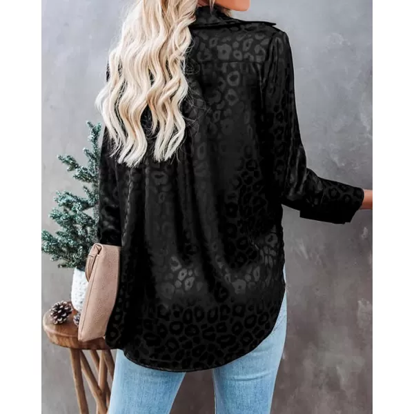 BTFBM Button Down Satin Blouses for Women Dressy Casual Lapel V Neck Long Sleeve Shirts Loose Business Work Tops 2024Leopard Black