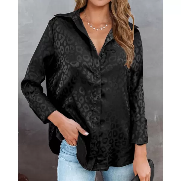 BTFBM Button Down Satin Blouses for Women Dressy Casual Lapel V Neck Long Sleeve Shirts Loose Business Work Tops 2024Leopard Black