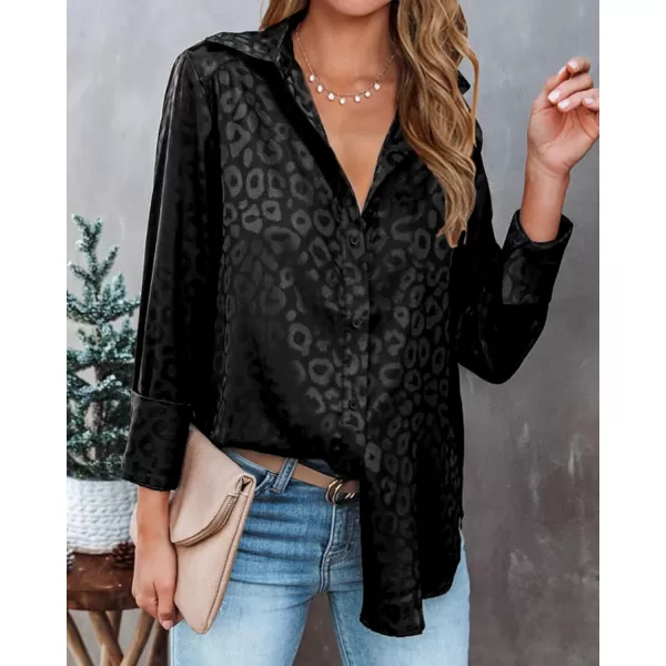 BTFBM Button Down Satin Blouses for Women Dressy Casual Lapel V Neck Long Sleeve Shirts Loose Business Work Tops 2024Leopard Black