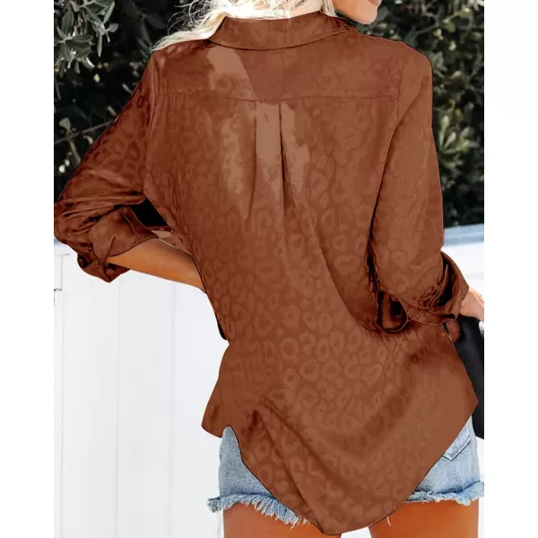 BTFBM Button Down Satin Blouses for Women Dressy Casual Lapel V Neck Long Sleeve Shirts Loose Business Work Tops 2024Leopard Caramel