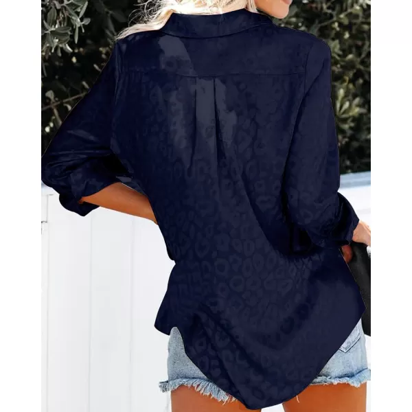 BTFBM Button Down Satin Blouses for Women Dressy Casual Lapel V Neck Long Sleeve Shirts Loose Business Work Tops 2024Leopard Navy