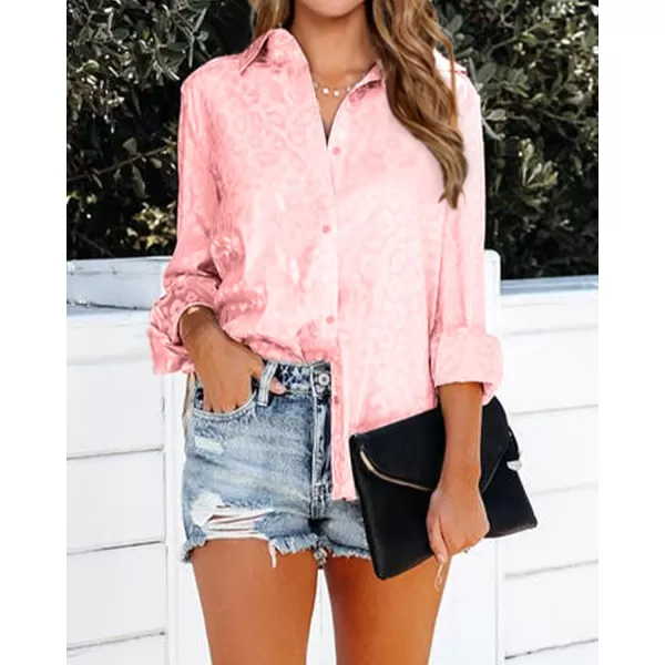 BTFBM Button Down Satin Blouses for Women Dressy Casual Lapel V Neck Long Sleeve Shirts Loose Business Work Tops 2024Leopard Pink