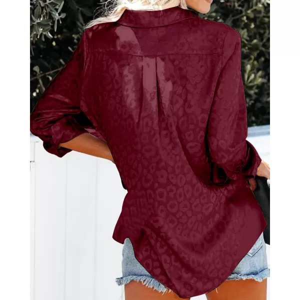 BTFBM Button Down Satin Blouses for Women Dressy Casual Lapel V Neck Long Sleeve Shirts Loose Business Work Tops 2024Leopard Wine Red