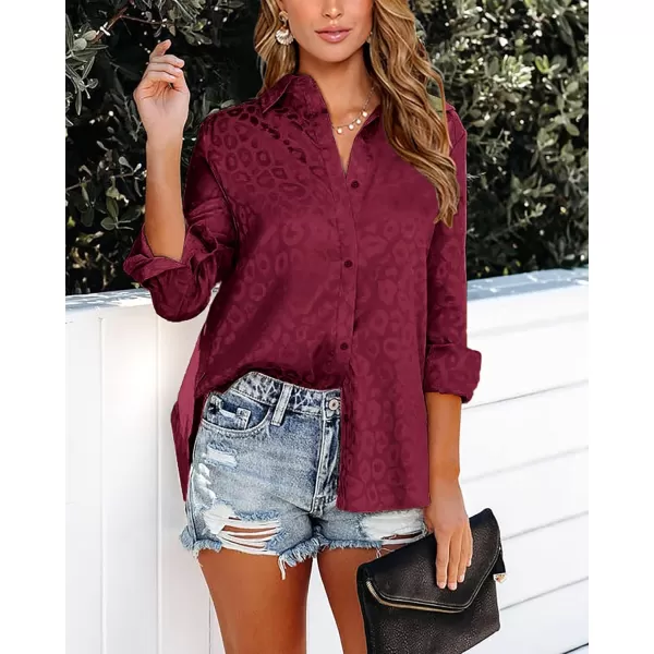 BTFBM Button Down Satin Blouses for Women Dressy Casual Lapel V Neck Long Sleeve Shirts Loose Business Work Tops 2024Leopard Wine Red