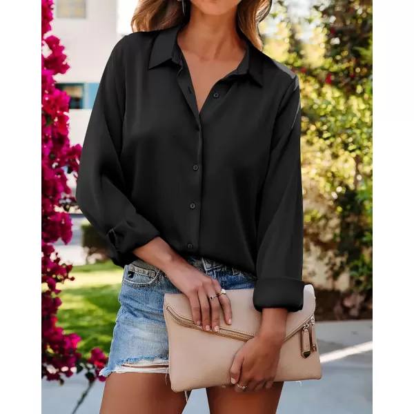 BTFBM Button Down Satin Blouses for Women Dressy Casual Lapel V Neck Long Sleeve Shirts Loose Business Work Tops 2024Solid Black