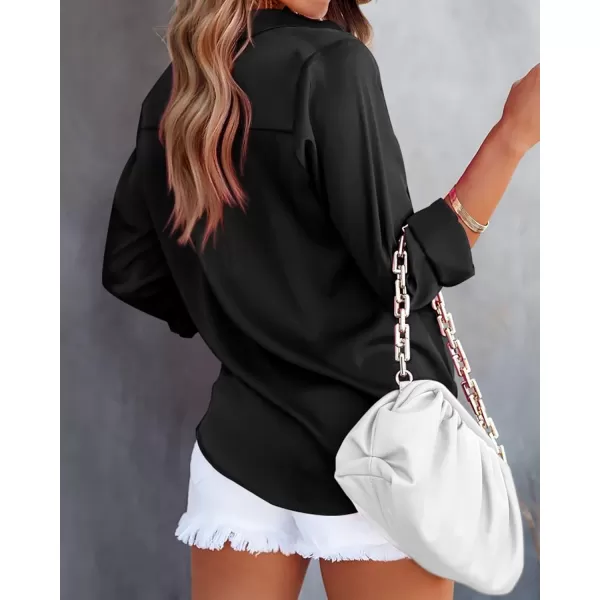 BTFBM Button Down Satin Blouses for Women Dressy Casual Lapel V Neck Long Sleeve Shirts Loose Business Work Tops 2024Solid Black