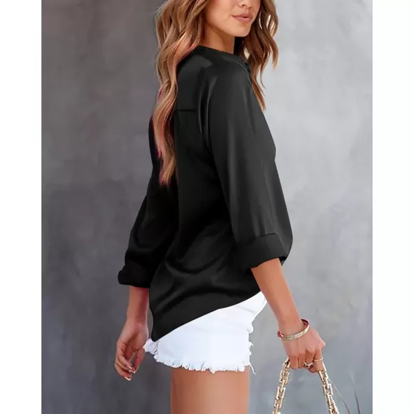 BTFBM Button Down Satin Blouses for Women Dressy Casual Lapel V Neck Long Sleeve Shirts Loose Business Work Tops 2024Solid Black