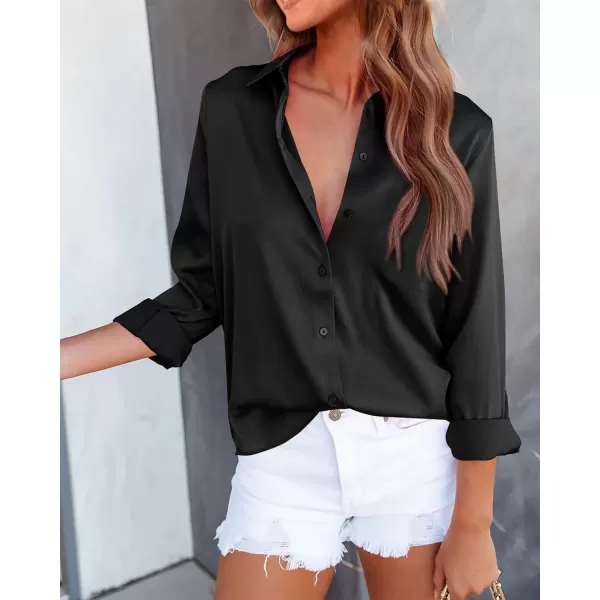 BTFBM Button Down Satin Blouses for Women Dressy Casual Lapel V Neck Long Sleeve Shirts Loose Business Work Tops 2024Solid Black