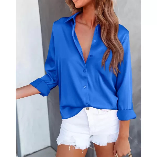 BTFBM Button Down Satin Blouses for Women Dressy Casual Lapel V Neck Long Sleeve Shirts Loose Business Work Tops 2024Solid Blue