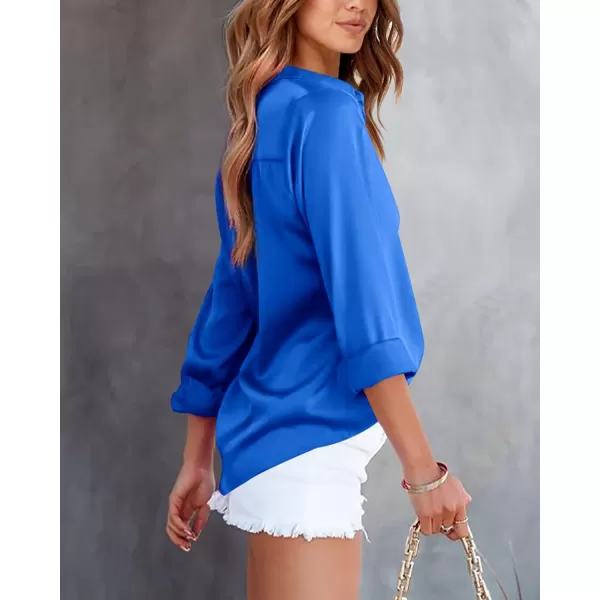 BTFBM Button Down Satin Blouses for Women Dressy Casual Lapel V Neck Long Sleeve Shirts Loose Business Work Tops 2024Solid Blue