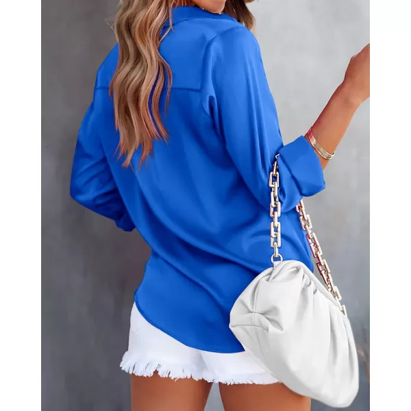 BTFBM Button Down Satin Blouses for Women Dressy Casual Lapel V Neck Long Sleeve Shirts Loose Business Work Tops 2024Solid Blue