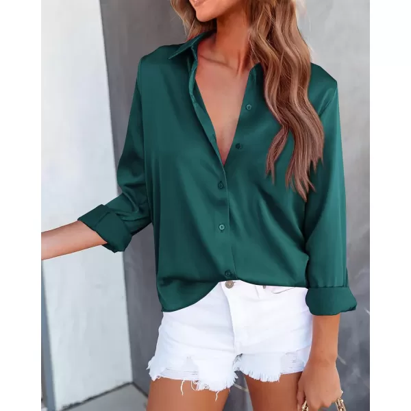 BTFBM Button Down Satin Blouses for Women Dressy Casual Lapel V Neck Long Sleeve Shirts Loose Business Work Tops 2024Solid Dark Green