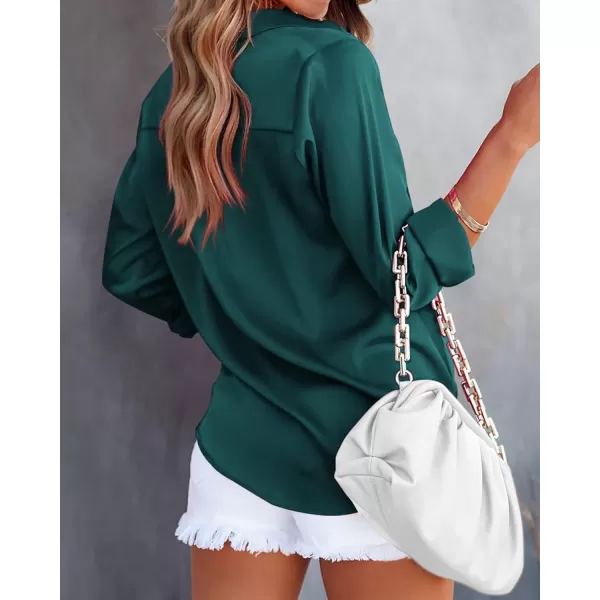 BTFBM Button Down Satin Blouses for Women Dressy Casual Lapel V Neck Long Sleeve Shirts Loose Business Work Tops 2024Solid Dark Green