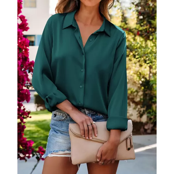 BTFBM Button Down Satin Blouses for Women Dressy Casual Lapel V Neck Long Sleeve Shirts Loose Business Work Tops 2024Solid Dark Green