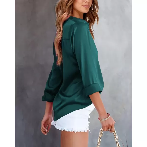 BTFBM Button Down Satin Blouses for Women Dressy Casual Lapel V Neck Long Sleeve Shirts Loose Business Work Tops 2024Solid Dark Green