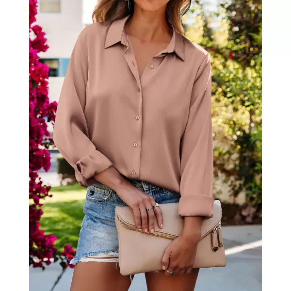 BTFBM Button Down Satin Blouses for Women Dressy Casual Lapel V Neck Long Sleeve Shirts Loose Business Work Tops 2024Solid Khaki