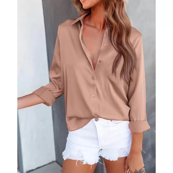 BTFBM Button Down Satin Blouses for Women Dressy Casual Lapel V Neck Long Sleeve Shirts Loose Business Work Tops 2024Solid Khaki