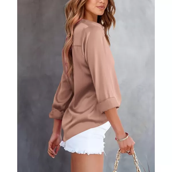 BTFBM Button Down Satin Blouses for Women Dressy Casual Lapel V Neck Long Sleeve Shirts Loose Business Work Tops 2024Solid Khaki