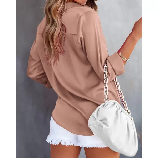 BTFBM Button Down Satin Blouses for Women Dressy Casual Lapel V Neck Long Sleeve Shirts Loose Business Work Tops 2024Solid Khaki