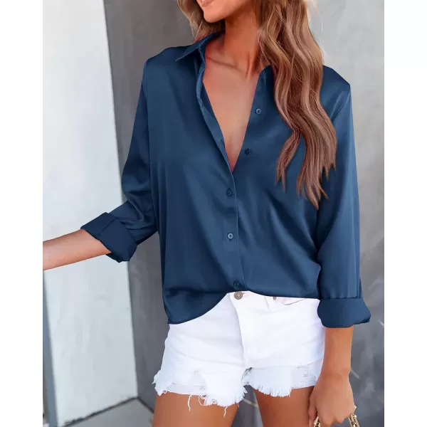 BTFBM Button Down Satin Blouses for Women Dressy Casual Lapel V Neck Long Sleeve Shirts Loose Business Work Tops 2024Solid Navy