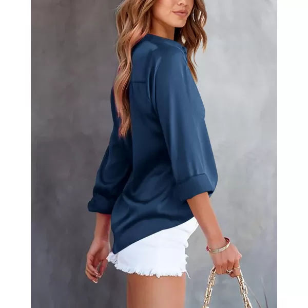 BTFBM Button Down Satin Blouses for Women Dressy Casual Lapel V Neck Long Sleeve Shirts Loose Business Work Tops 2024Solid Navy