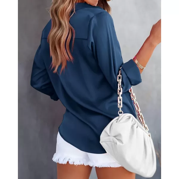 BTFBM Button Down Satin Blouses for Women Dressy Casual Lapel V Neck Long Sleeve Shirts Loose Business Work Tops 2024Solid Navy