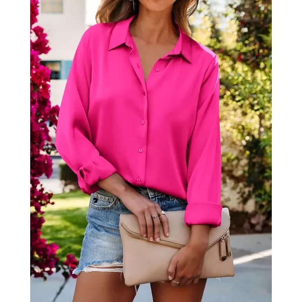 BTFBM Button Down Satin Blouses for Women Dressy Casual Lapel V Neck Long Sleeve Shirts Loose Business Work Tops 2024Solid Rose Red