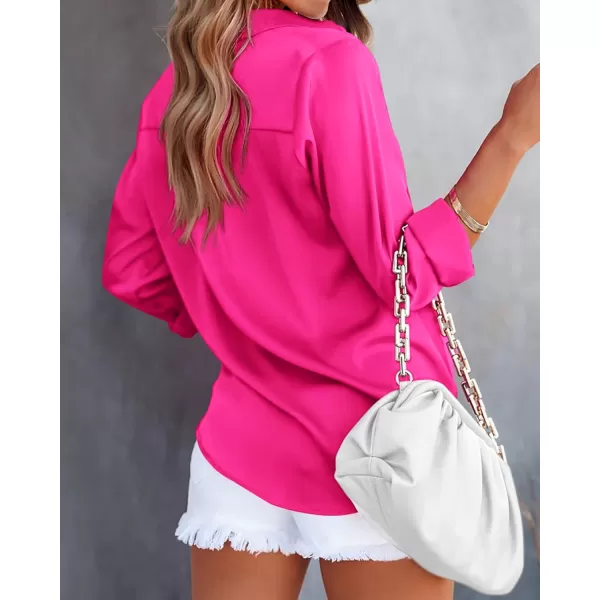 BTFBM Button Down Satin Blouses for Women Dressy Casual Lapel V Neck Long Sleeve Shirts Loose Business Work Tops 2024Solid Rose Red