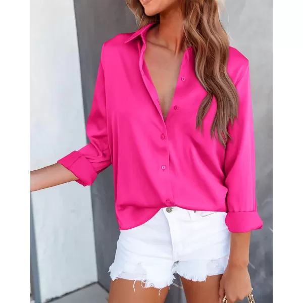 BTFBM Button Down Satin Blouses for Women Dressy Casual Lapel V Neck Long Sleeve Shirts Loose Business Work Tops 2024Solid Rose Red