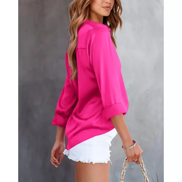 BTFBM Button Down Satin Blouses for Women Dressy Casual Lapel V Neck Long Sleeve Shirts Loose Business Work Tops 2024Solid Rose Red
