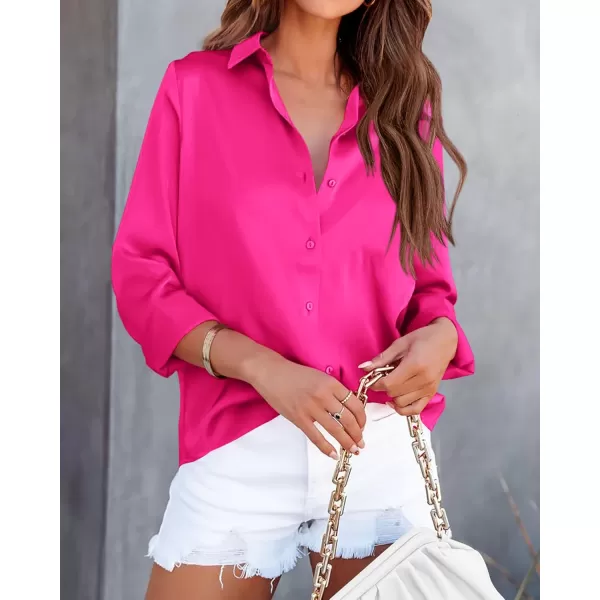 BTFBM Button Down Satin Blouses for Women Dressy Casual Lapel V Neck Long Sleeve Shirts Loose Business Work Tops 2024Solid Rose Red