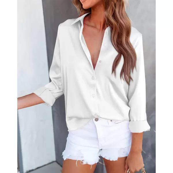 BTFBM Button Down Satin Blouses for Women Dressy Casual Lapel V Neck Long Sleeve Shirts Loose Business Work Tops 2024Solid White