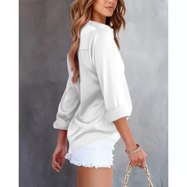 BTFBM Button Down Satin Blouses for Women Dressy Casual Lapel V Neck Long Sleeve Shirts Loose Business Work Tops 2024Solid White