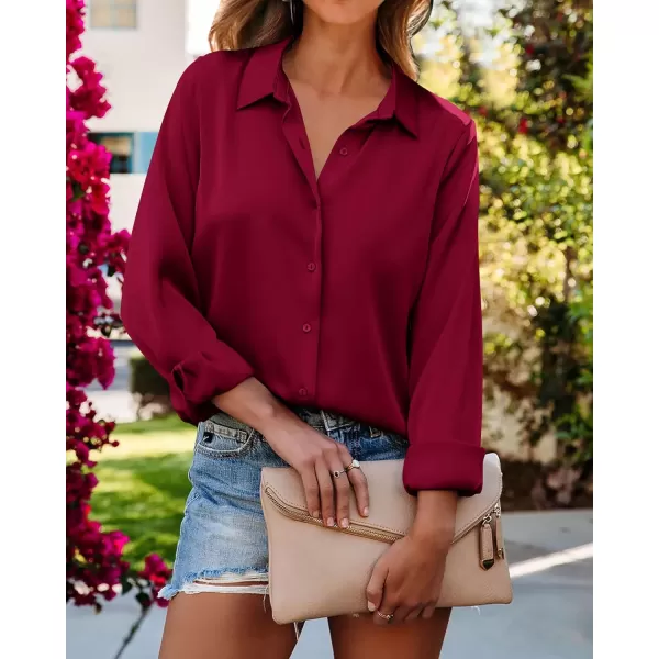 BTFBM Button Down Satin Blouses for Women Dressy Casual Lapel V Neck Long Sleeve Shirts Loose Business Work Tops 2024Solid Wine Red