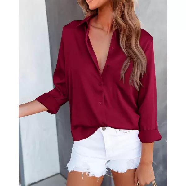 BTFBM Button Down Satin Blouses for Women Dressy Casual Lapel V Neck Long Sleeve Shirts Loose Business Work Tops 2024Solid Wine Red