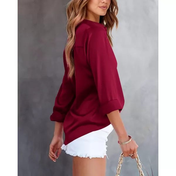 BTFBM Button Down Satin Blouses for Women Dressy Casual Lapel V Neck Long Sleeve Shirts Loose Business Work Tops 2024Solid Wine Red