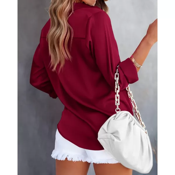 BTFBM Button Down Satin Blouses for Women Dressy Casual Lapel V Neck Long Sleeve Shirts Loose Business Work Tops 2024Solid Wine Red